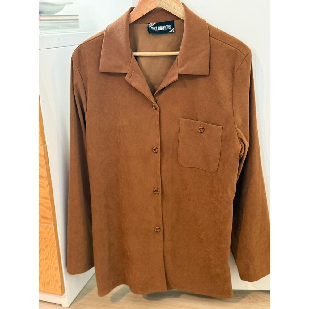 Vintage Brown Faux Suede Button Up Shirt Jacket Overshirt Minimalist ✨